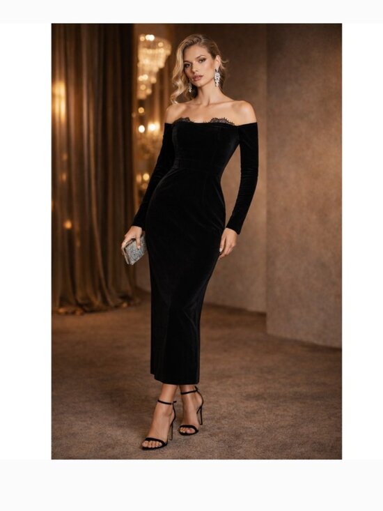 Commense Dresses & Skirts - Commense Velvet Off Shoulder Long Sleeve Lace Trim Midi Dress Black New Size XL